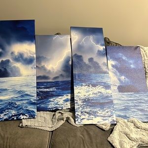 Brand new 4 panel canvas wall art lightening on the water
